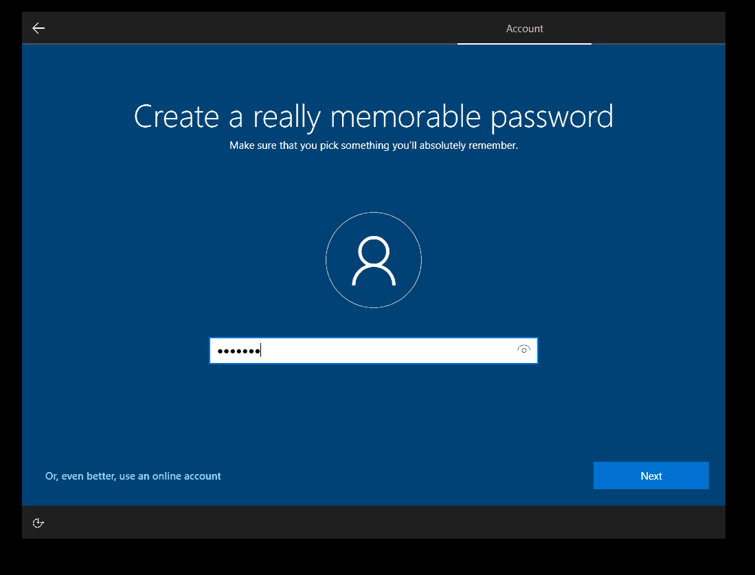 how to Install Windows 10 create a password for the user