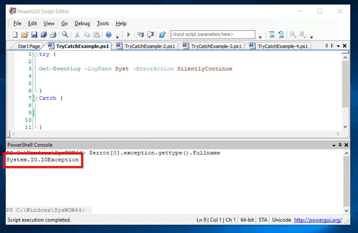 powershell try catch example 1, 0, 0