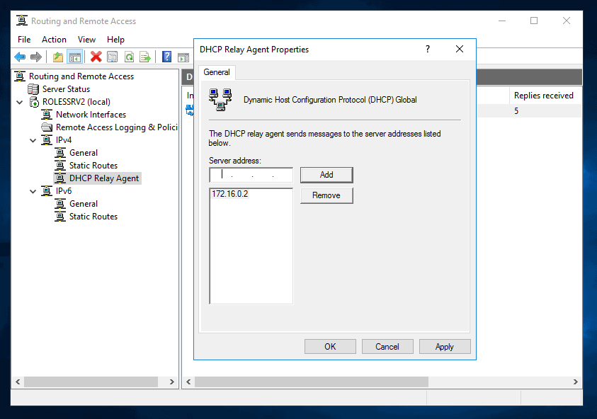 DHCP Relay Agent Configuration in Windows Server 2016