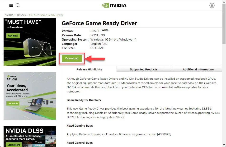 Download Nvidia GeForce Game Ready Driver 535.98 With Support For DLSS3