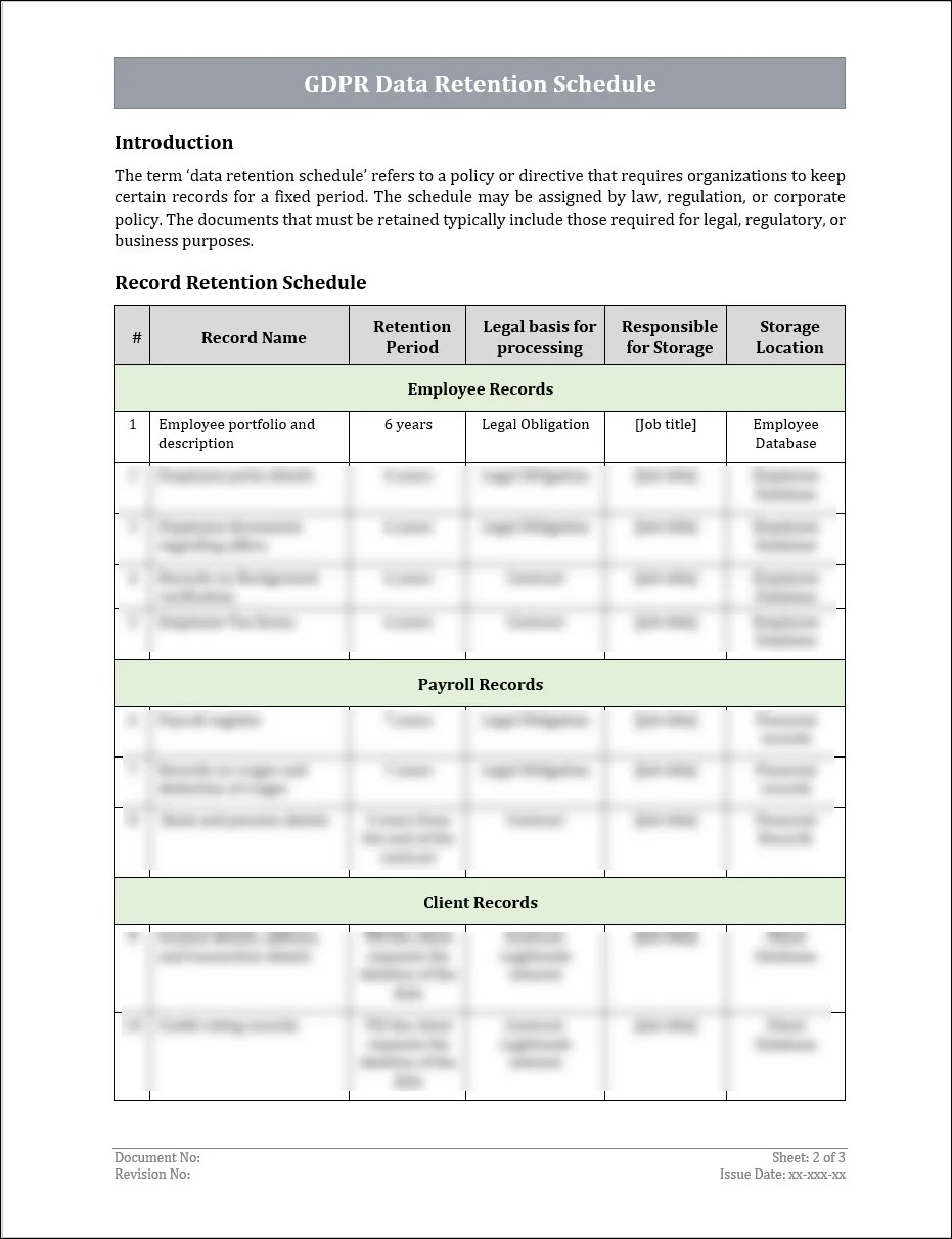 GDPR Data Retention Schedule Template IT Governance Docs