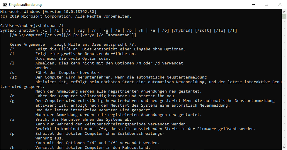 shutdown.exe Parameter Herunterfahren und Neustart