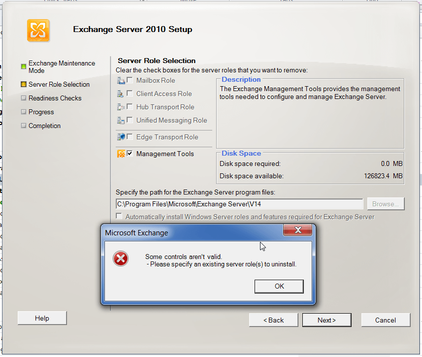 [SOLVED] Exchange 2010 Management Tools wont uninstall IT Support