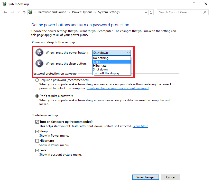 Windows 10 How to set what happens when power button pressed IT