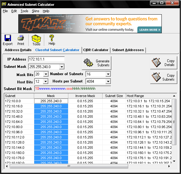 SolarWind Advanced Caculator for Classless & CIDR
