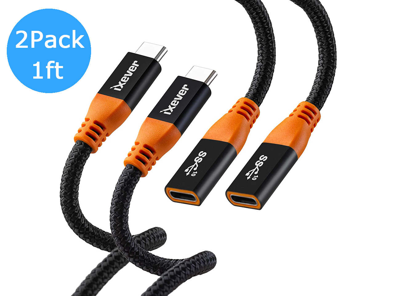 USB C Extension Cable Short 1Ft (2Pack), iXever 100W PD Fast Charging
