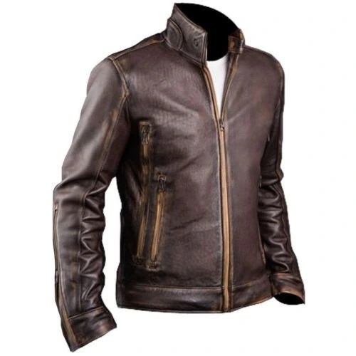 Mens Cowhide Cafe Racer Leather Jacket Brown Biker Jacket