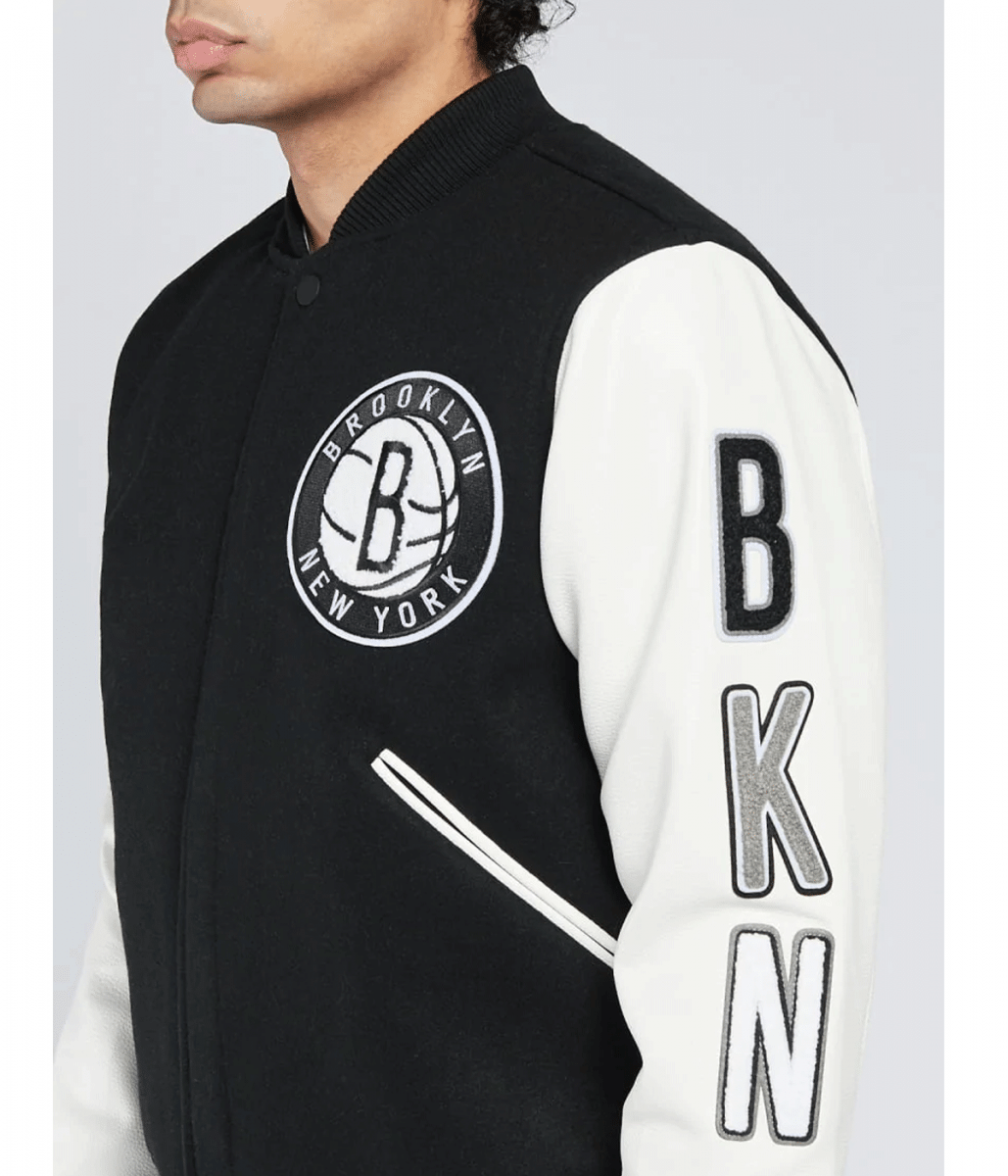 Patches Logo Letterman Brooklyn Nets Black and White Varsity Jacket