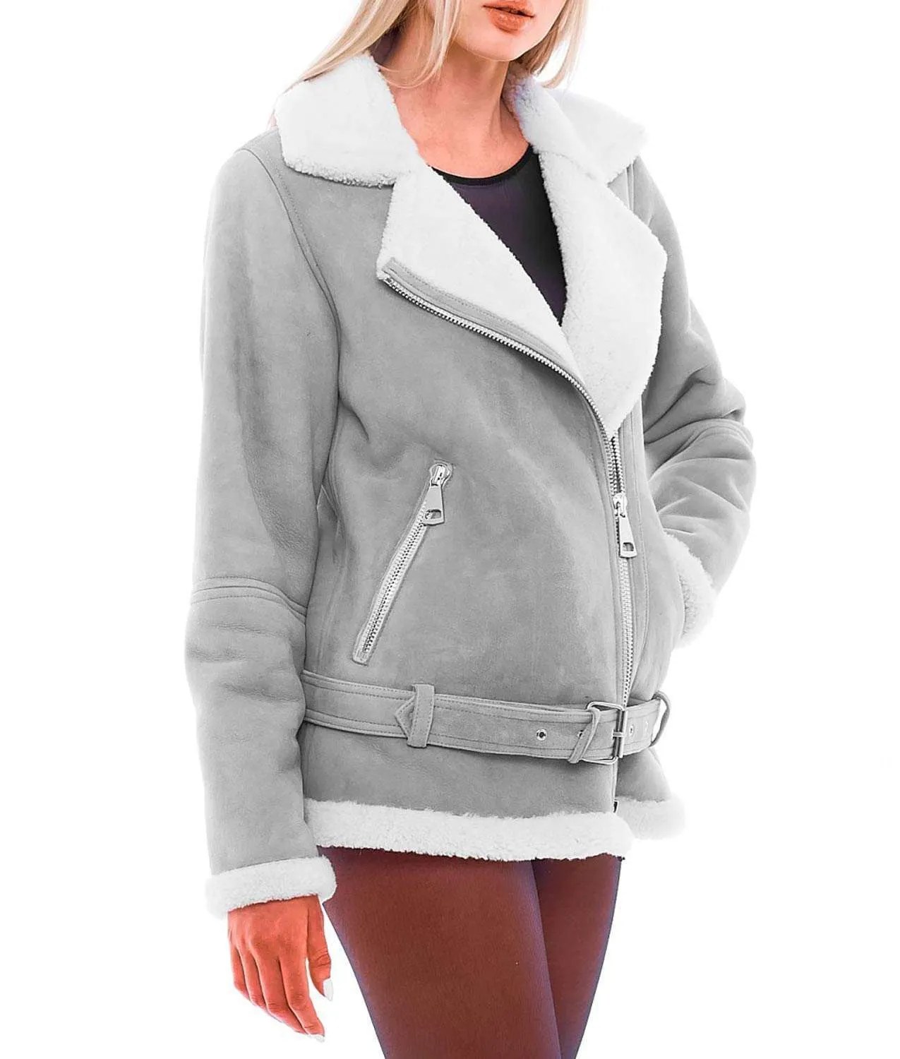 Women's WJC301 Asymmetrical Belted Grey Shearling Jacket Jackets Creator