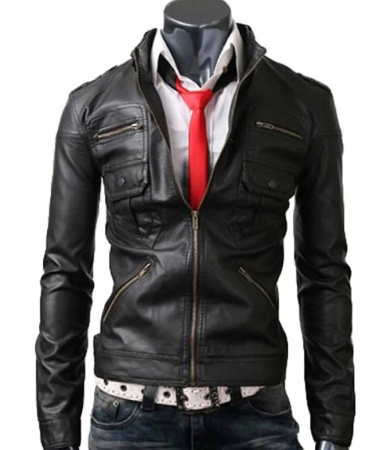 Mens Slim Fit Multi Pocket Black Leather Jacket Jackets Creator