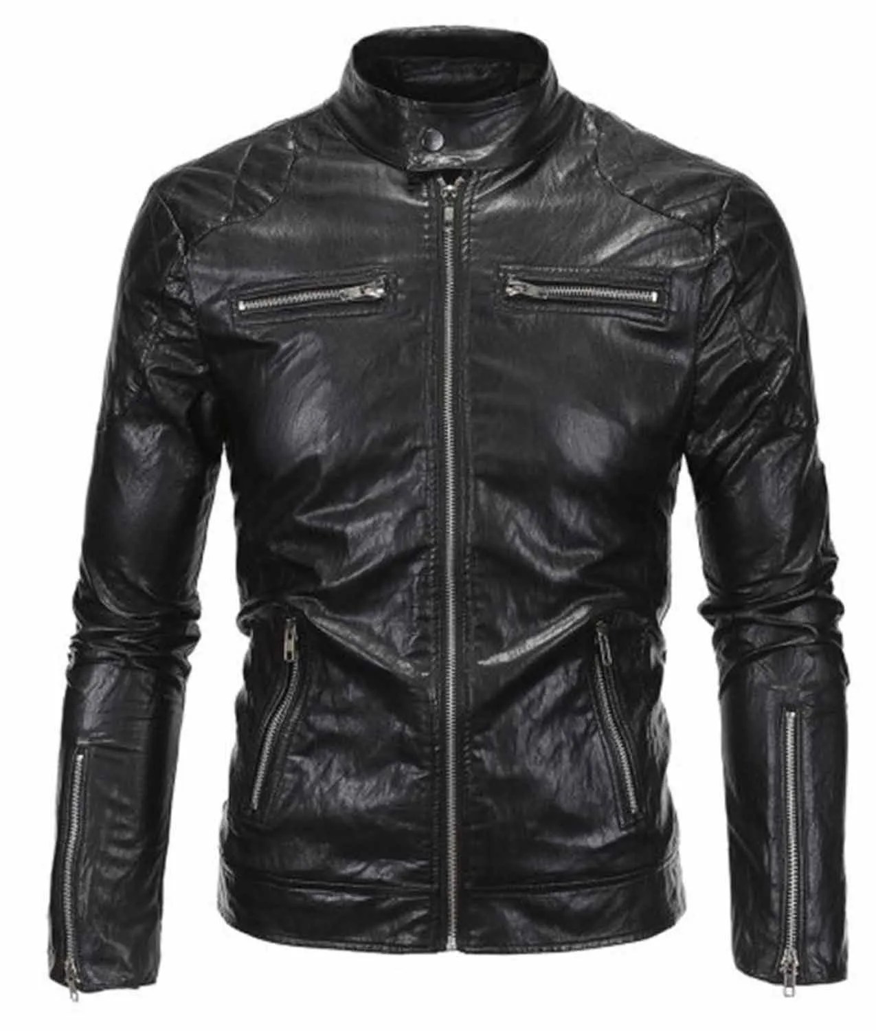 Snap Tab Collar Men's Zipper Pockets Black Faux Leather Jacket