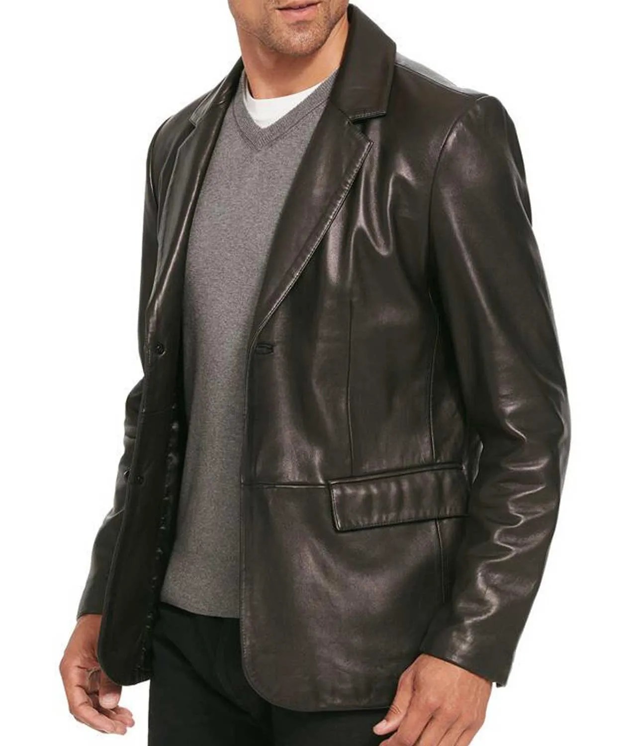 Men's Smooth Black Leather 2 Button Blazer Jackets Creator