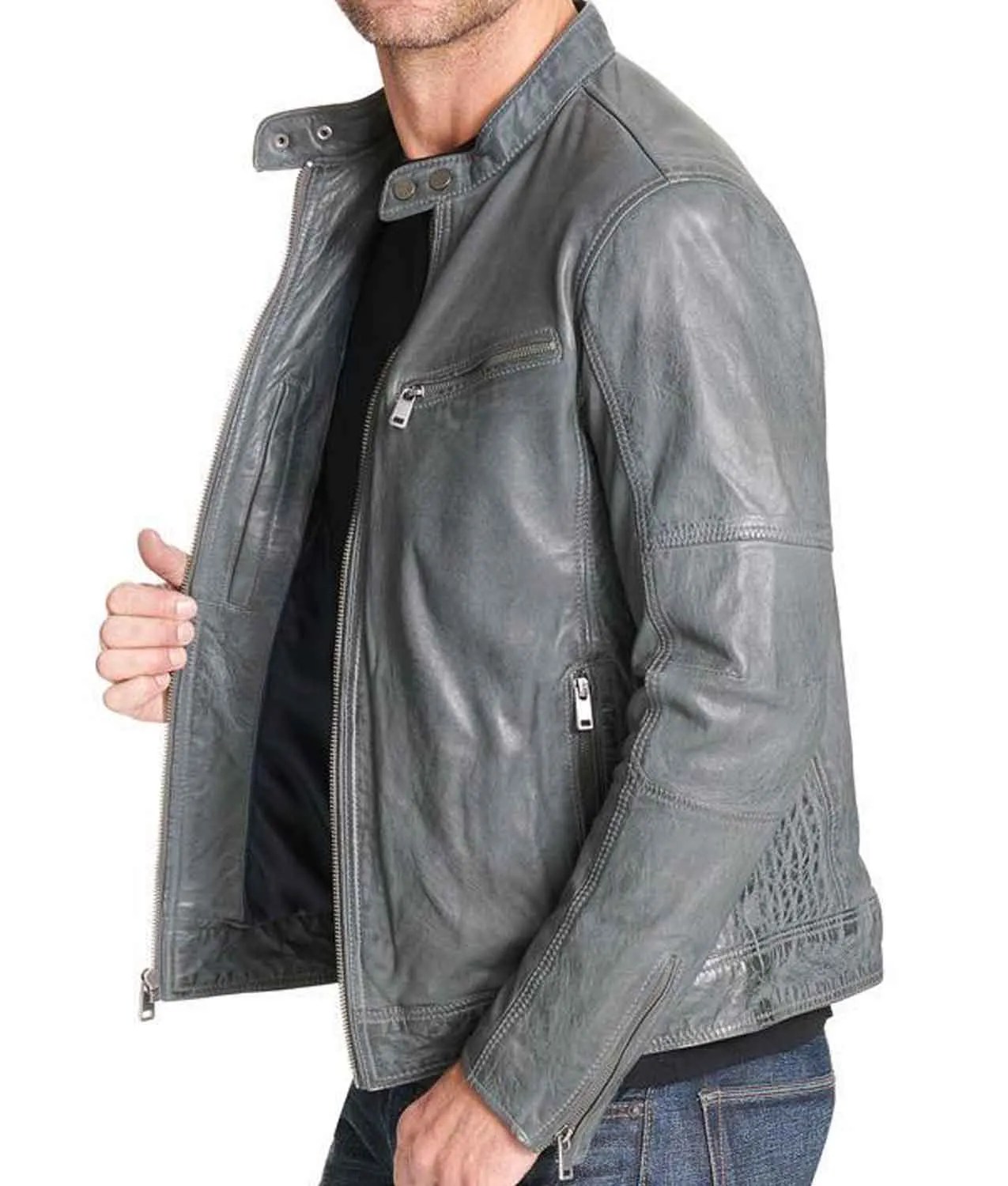Men's Mock Collar Grey Leather Biker Jacket Jackets Creator