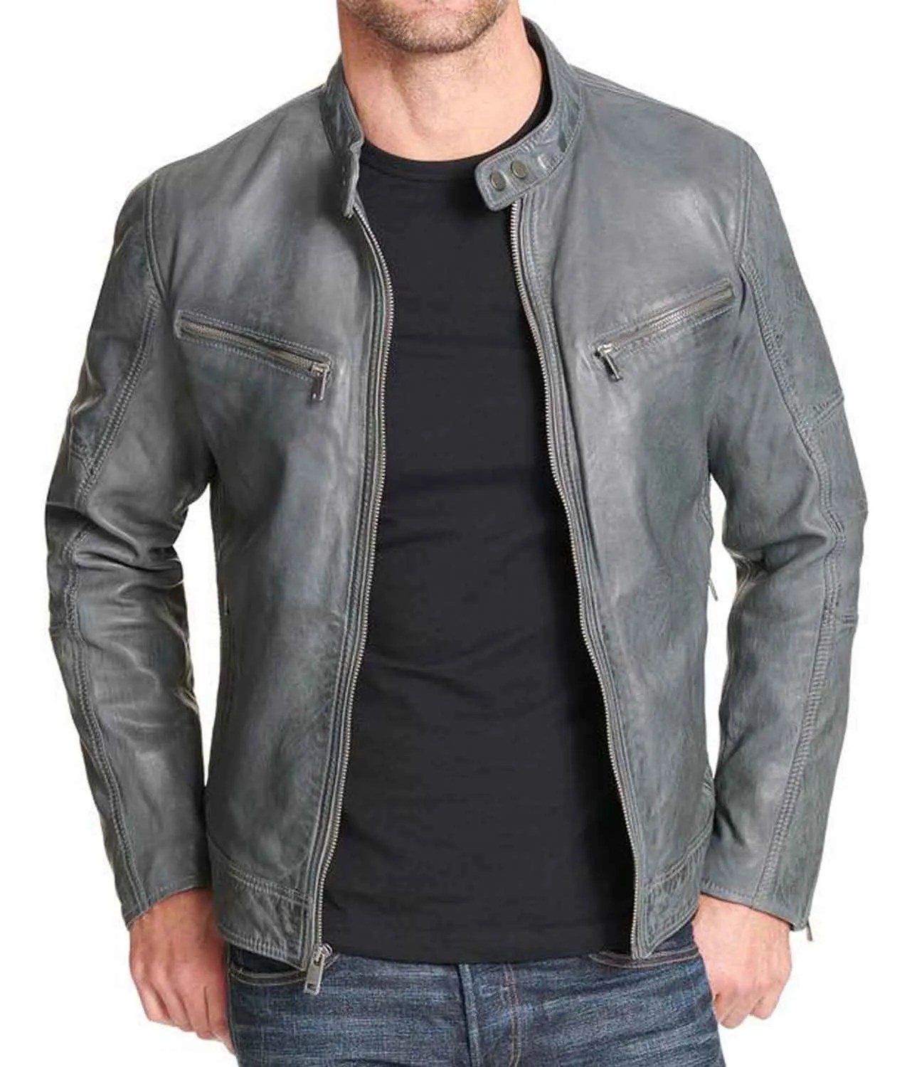 Men's Mock Collar Grey Leather Biker Jacket Jackets Creator