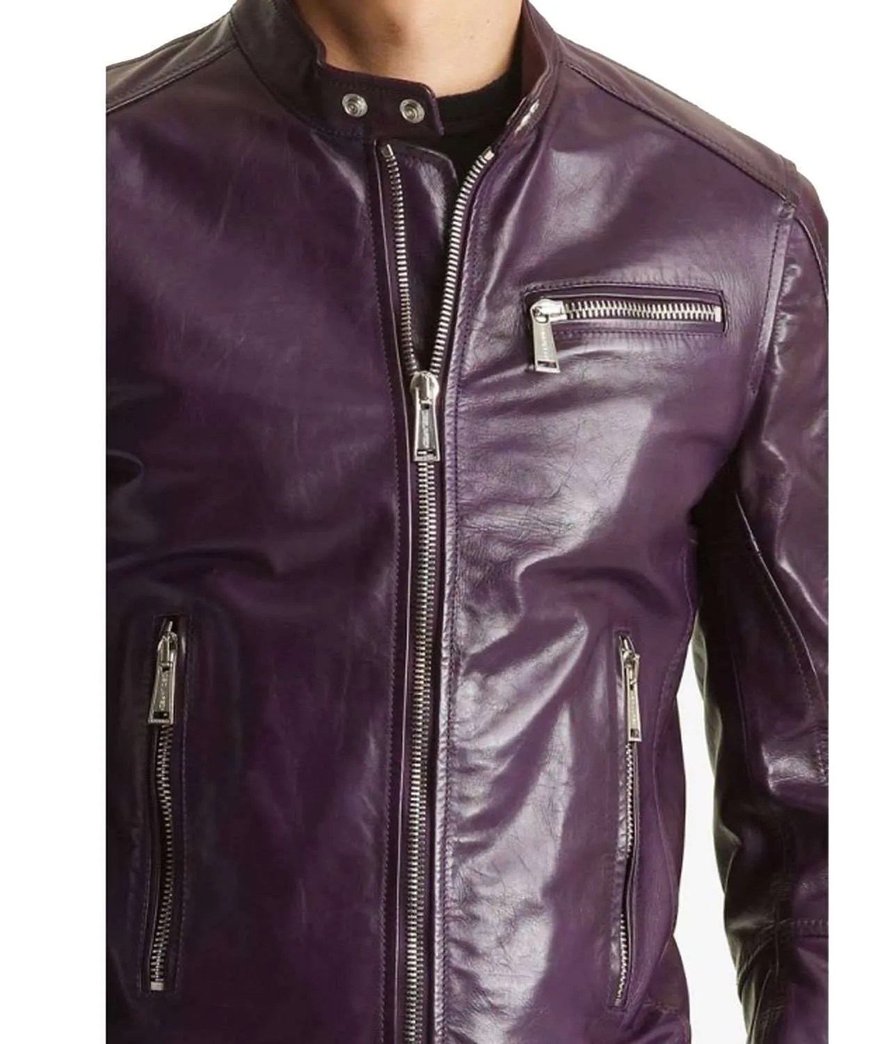 Men's Snap Tab Collar Faux Leather Purple Motorcycle Jacket Jackets
