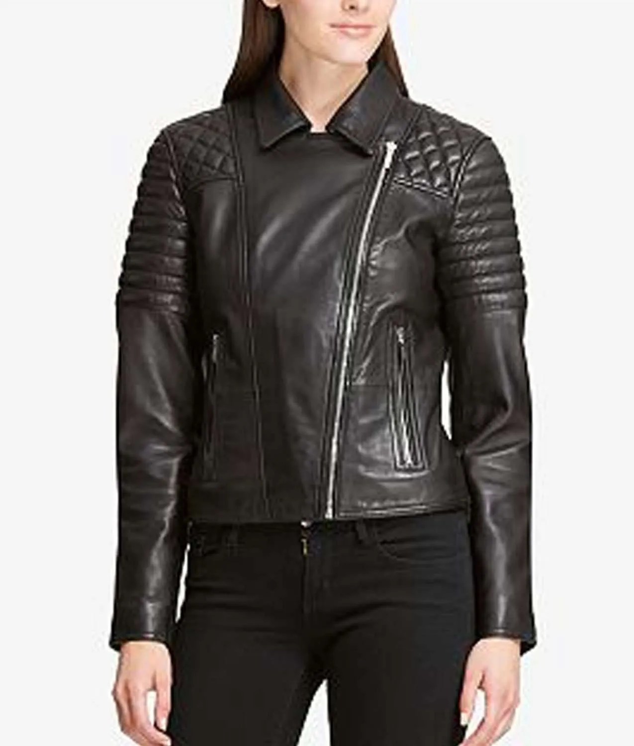 Womens Motorcycle Black Leather Quilted Shoulder Jacket Jackets Creator