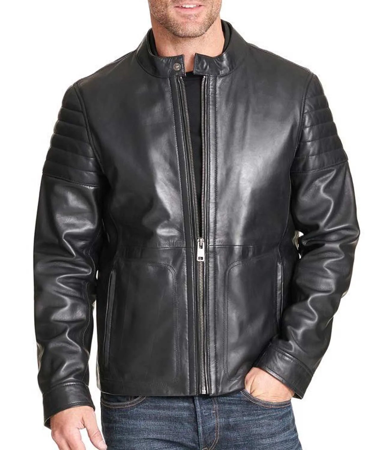 Mens Quilted Sleeve Design Soft Black Leather Jacket Jackets Creator