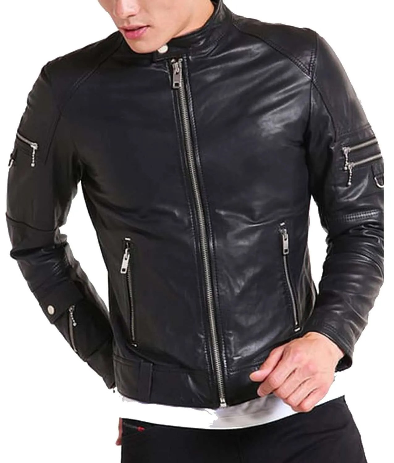 Mens Colorado Stand Collar Black Leather Zipper Jacket Jackets Creator