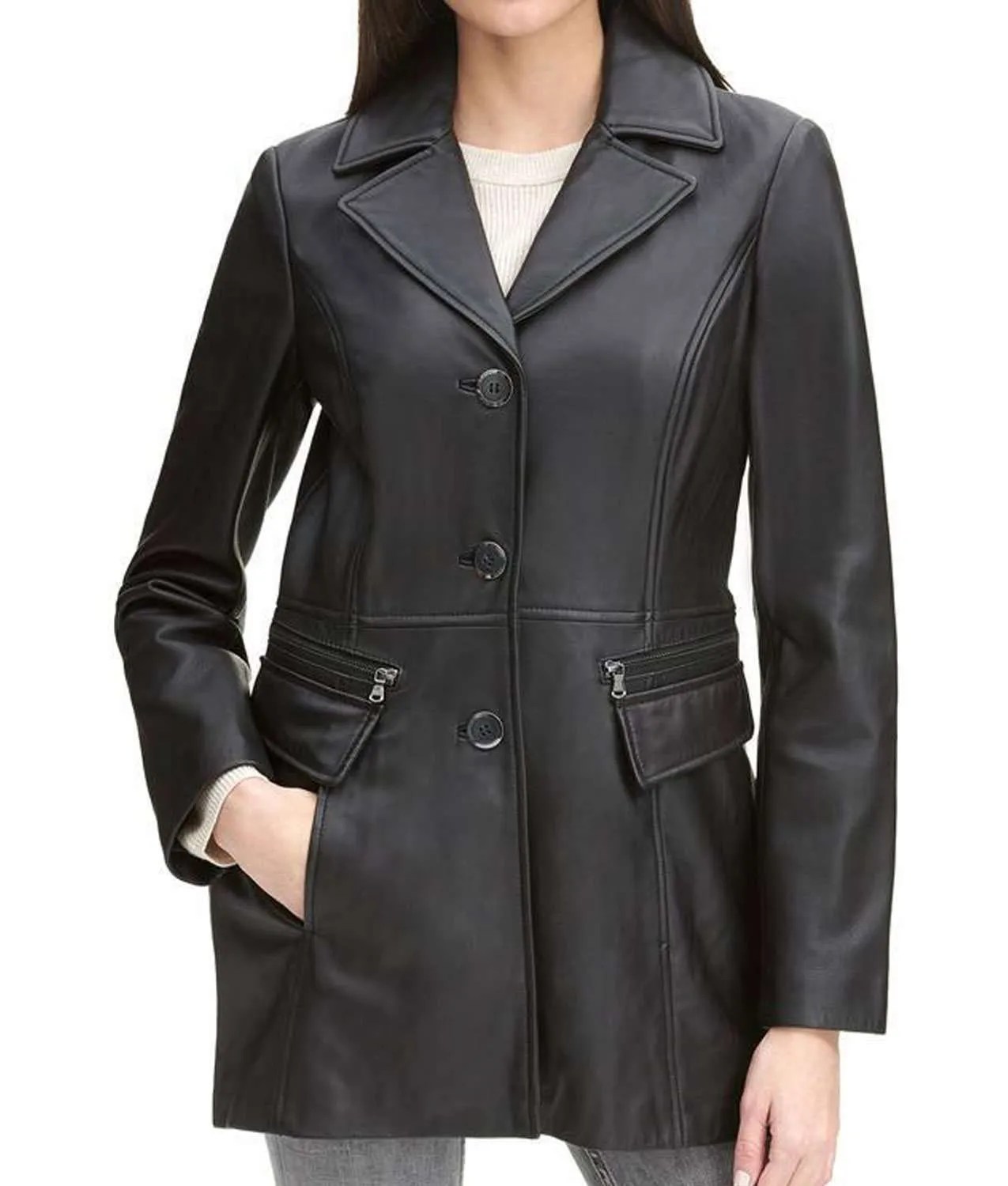 Womens Zipper Pockets Button Front Leather Jacket Jackets Creator