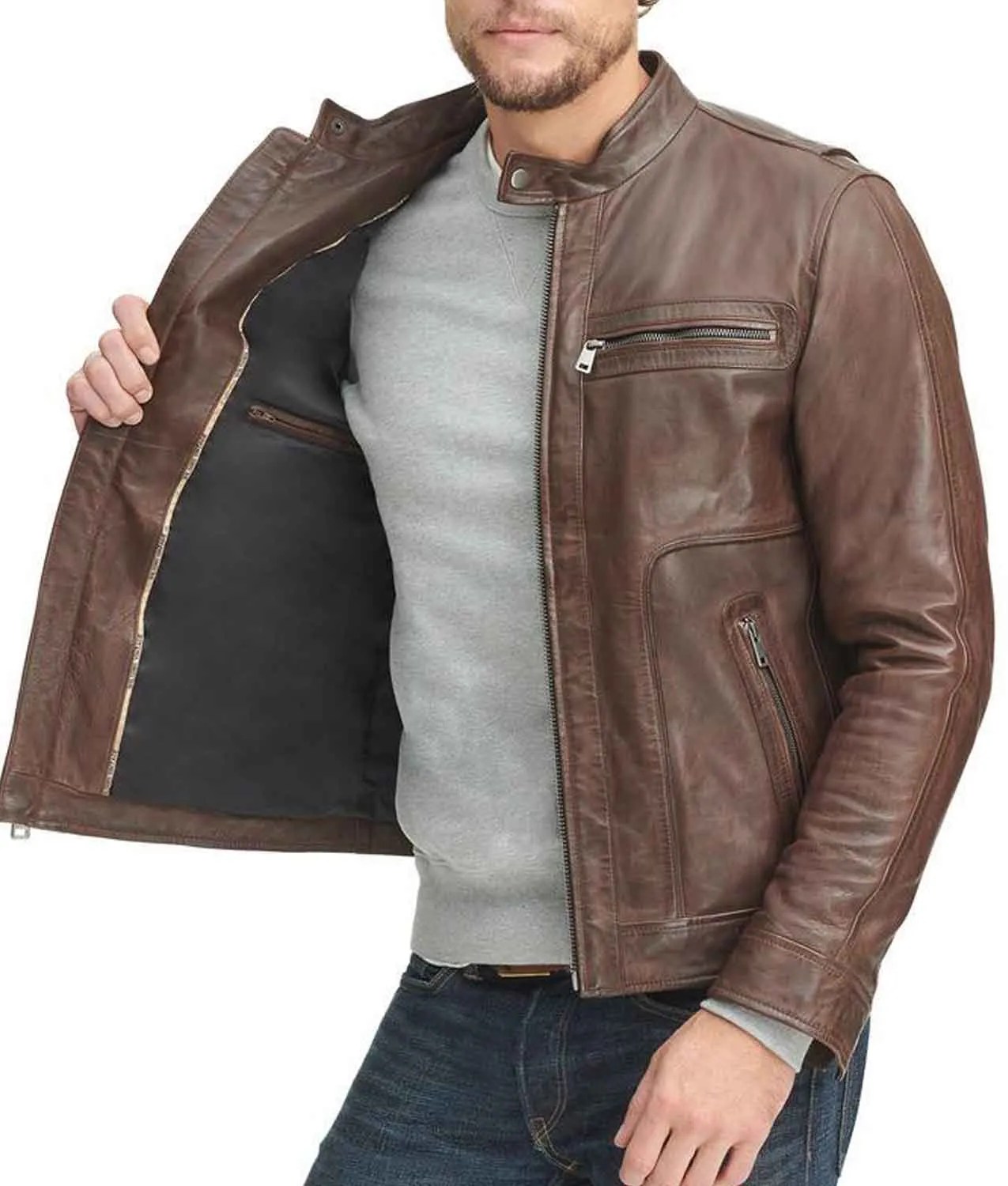 Mens Zipper Pockets Waxed Brown Leather Jacket Jackets Creator
