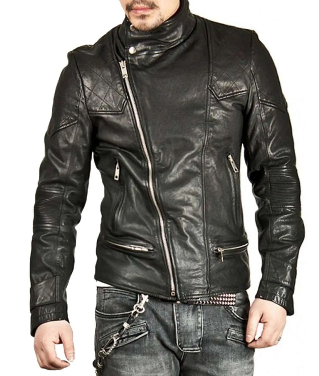 Men's Designer Stand Collar Jacket Asymmetrical Black Leather Jacket
