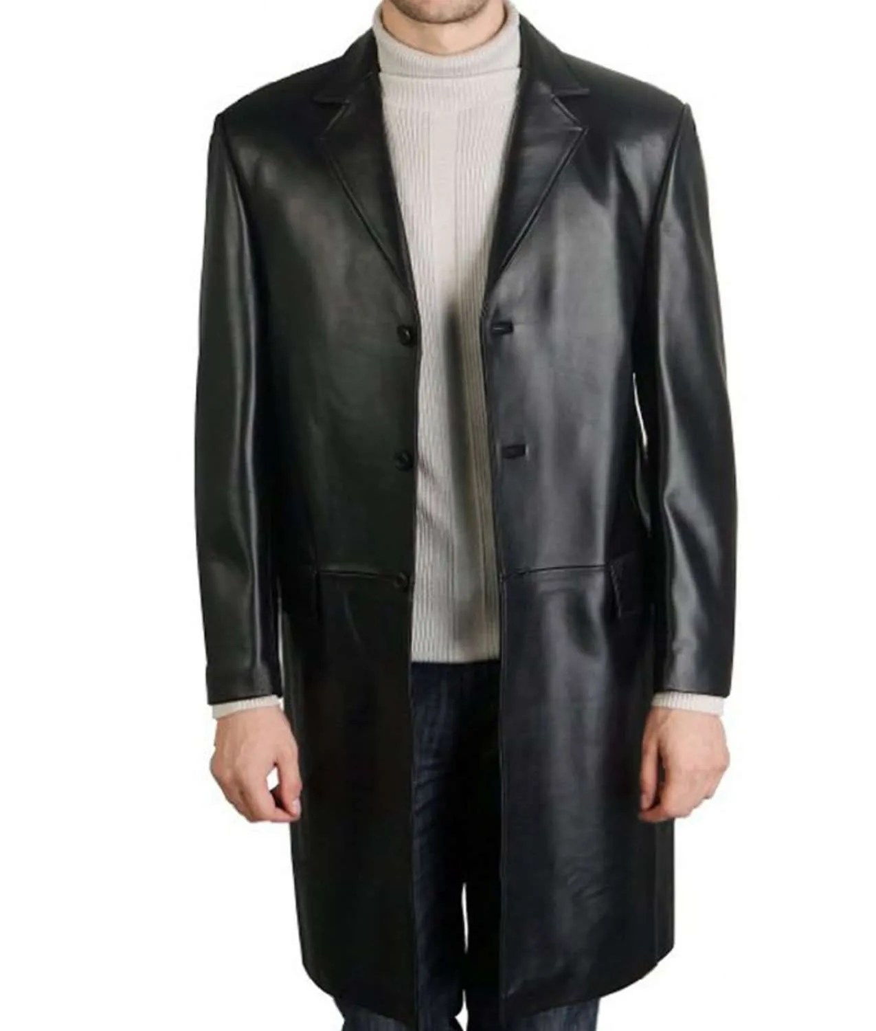 Men's Casual Walking Coat Black Cowhide Leather Coat