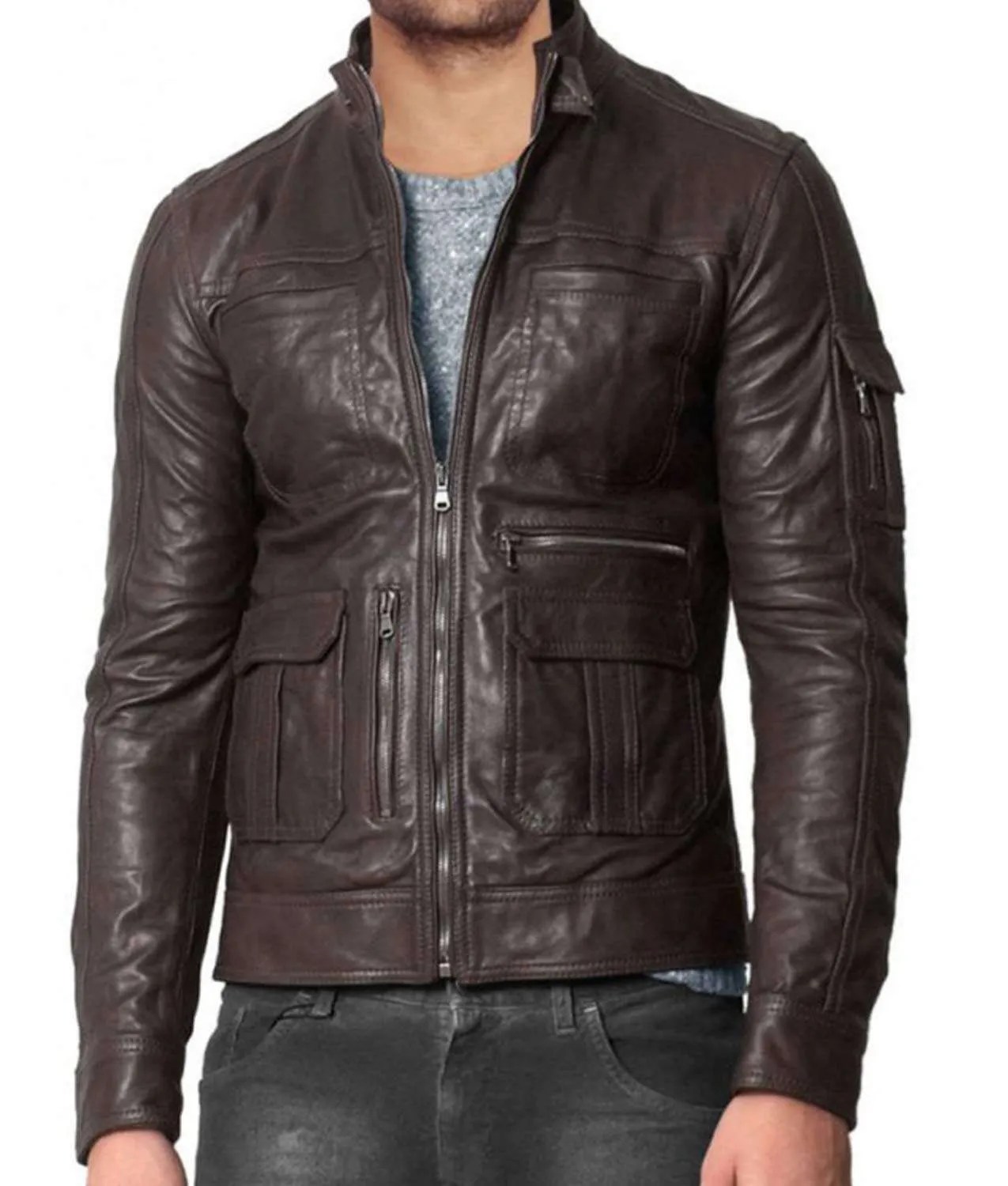 Men's Pockets Design Real Brown Leather Stand Collar Jacket Jackets