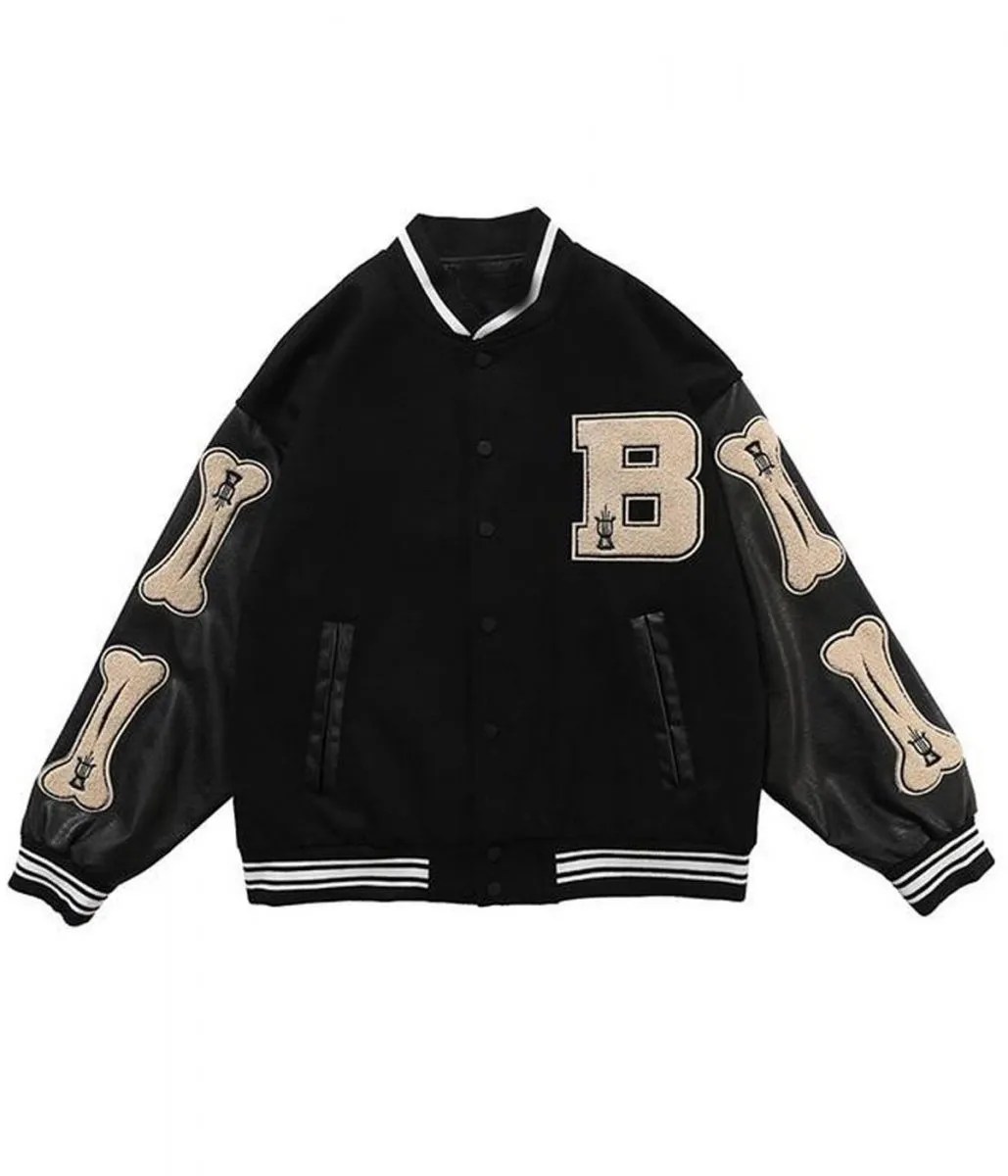 Wool/Leather Skeleton Patchwork Varsity Jacket with Bones Jackets Masters
