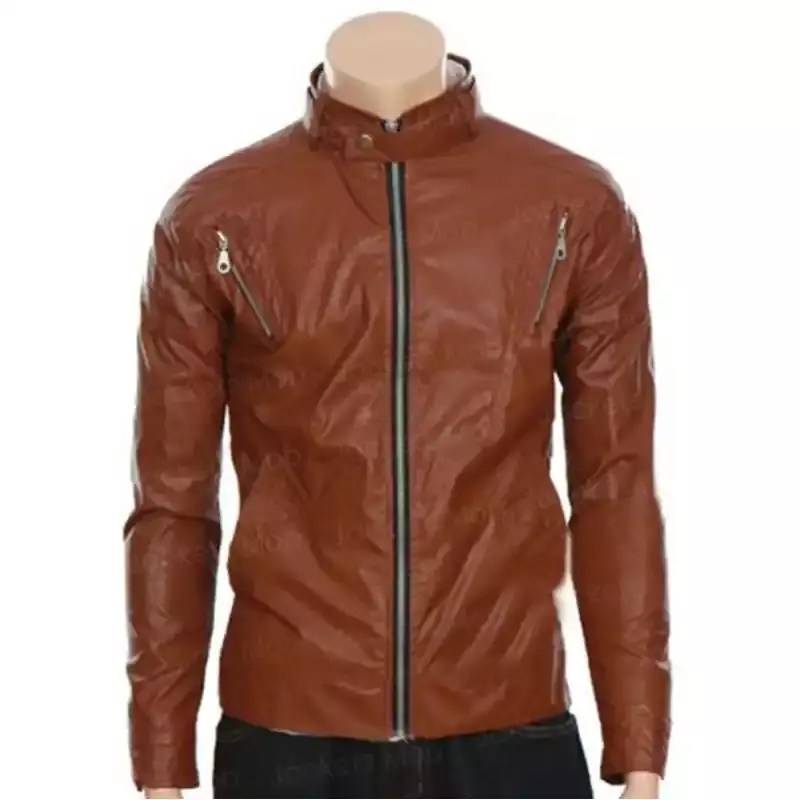 Stand Collar Brown Leather Jacket Jackets MOB