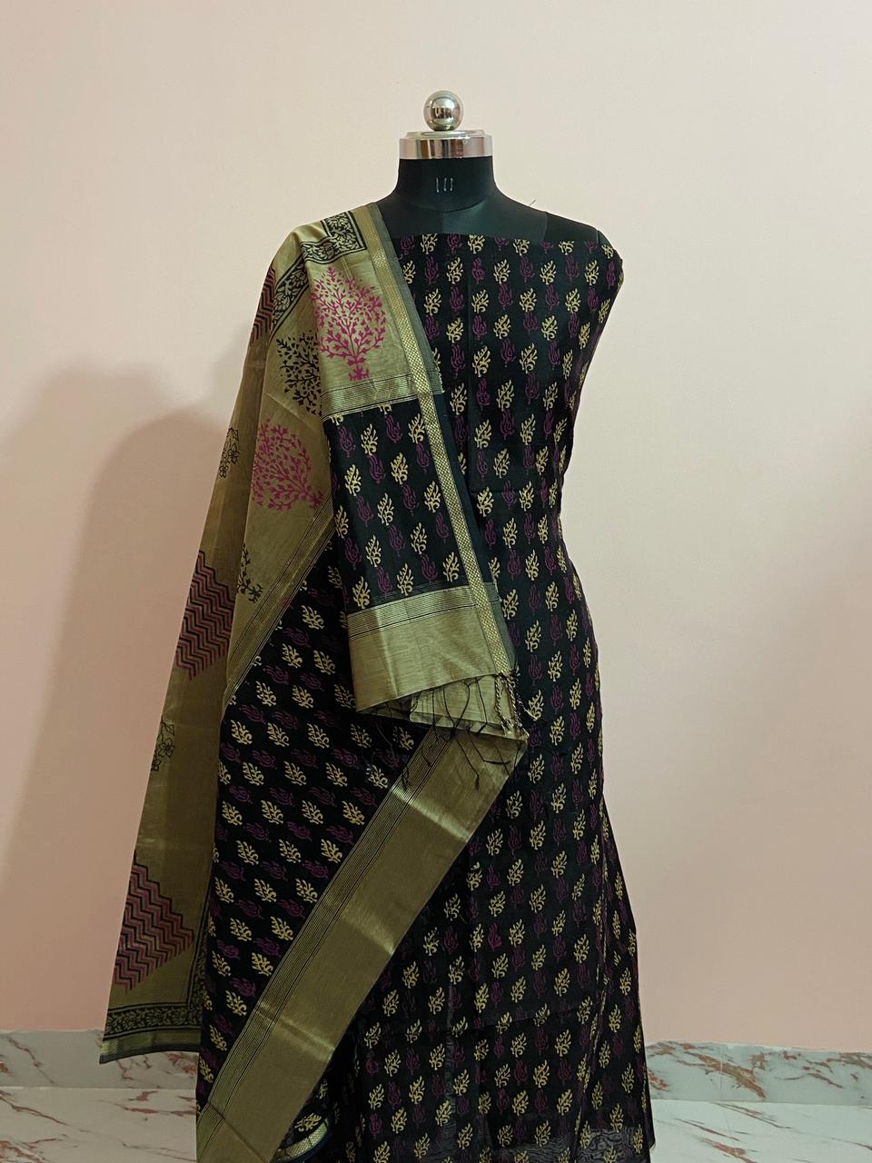 Pure Handloom Block print dress Material With golden zari work