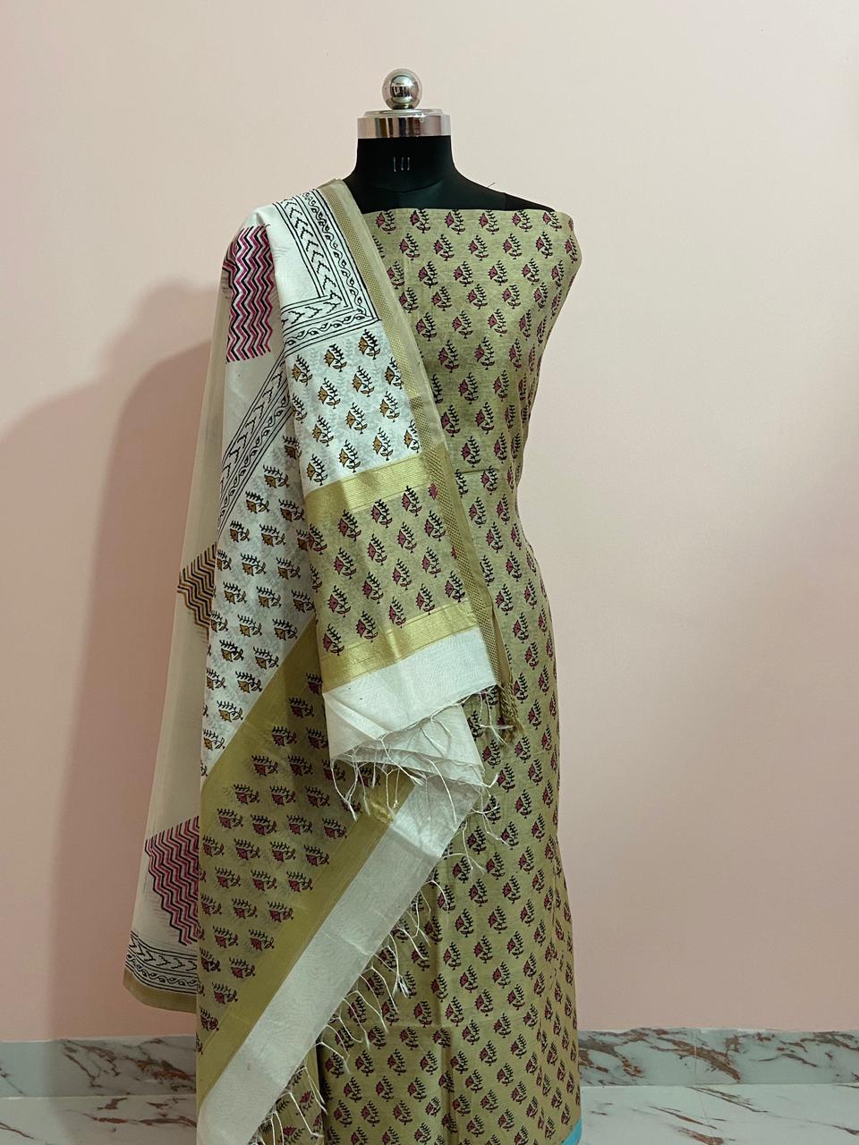 Pure Handloom Block print dress Material With golden zari work