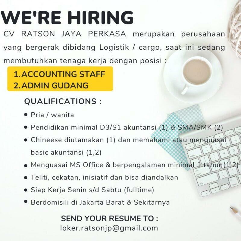 Lowongan Kerja Accounting Staff - Admin Gudang di CV. Ratson Jaya Perkasa -  JakartaKerja