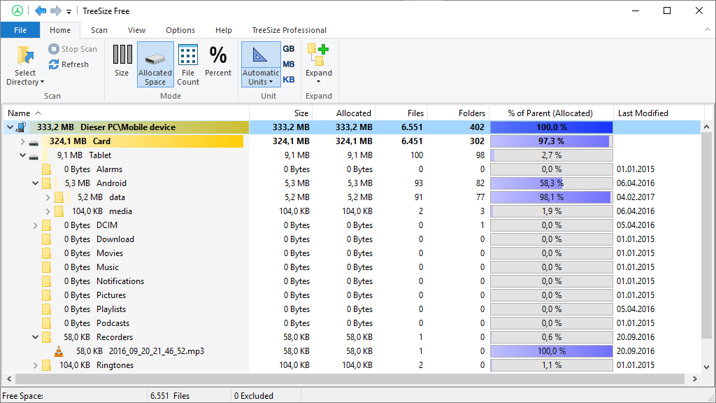 Scan Smartphones with TreeSize Free JAM Software