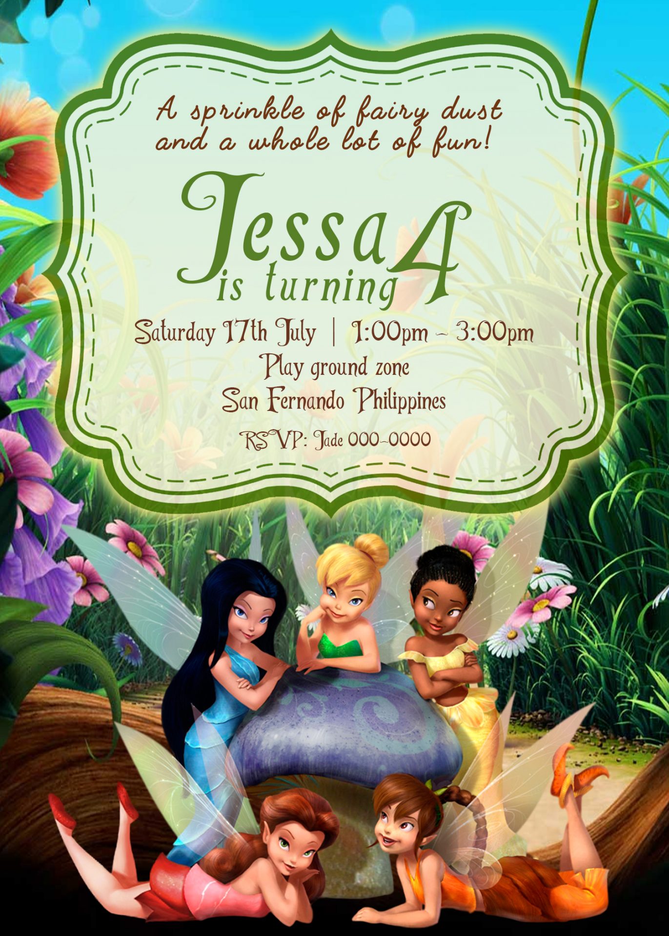 Tinkerbell Birthday Invitation Card, 4 x 6 or 5 x 7 1695 Jamakodesigns