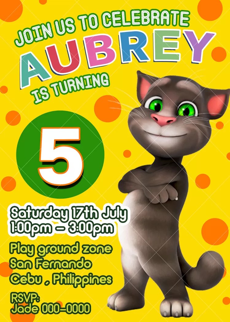 Talking Tom Birthday Invitation Invite Printable 4 x 6 or 5 x 7