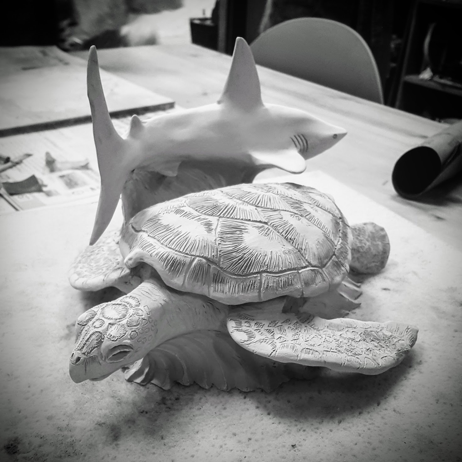 Oceanic Ceramic Sculpture (Sea Turtle Box and Shark)