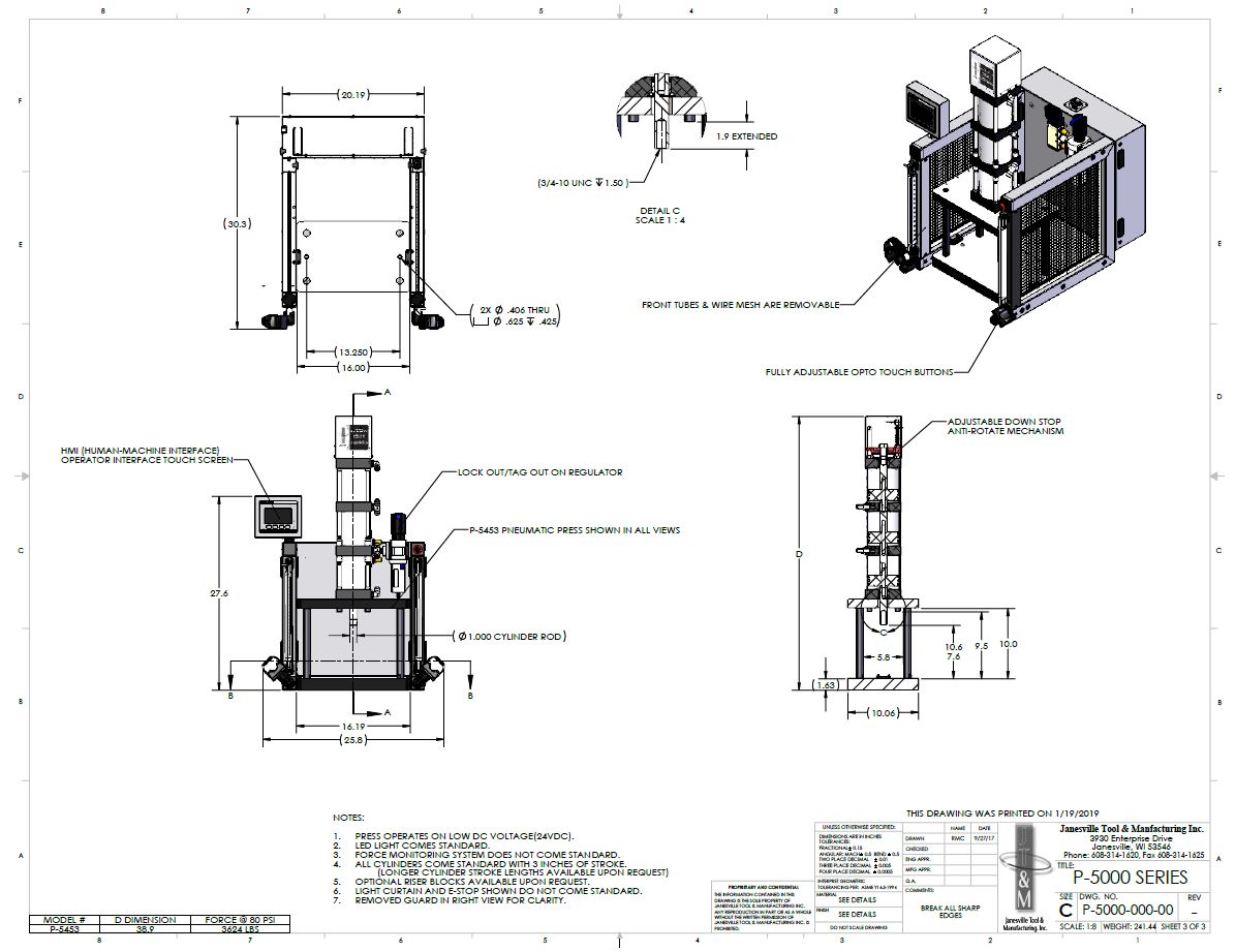 P5453, 3" stroke, 1 3/4 ton manual arbor press Made in USA