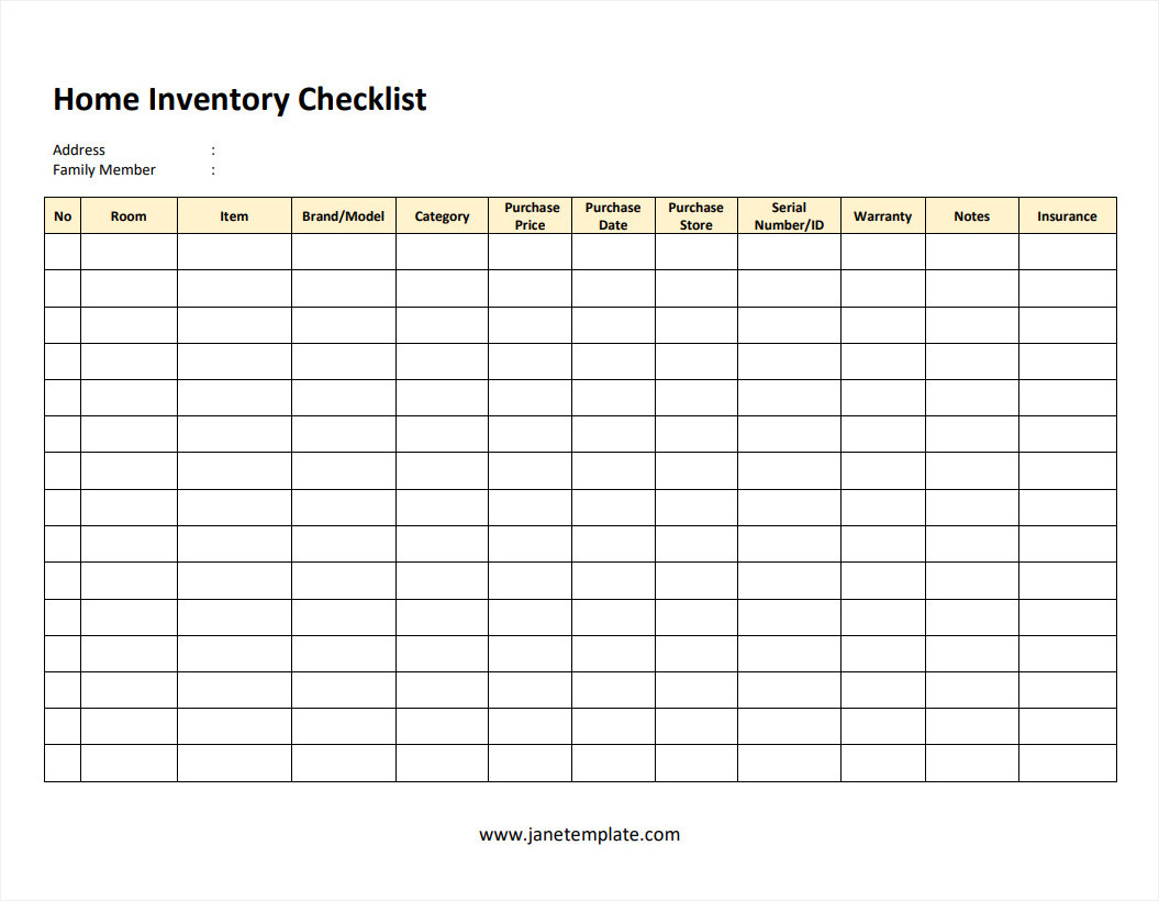 Printable Home Inventory Checklist Template
