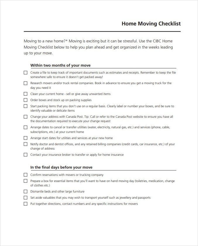 Printable Moving Checklist Template
