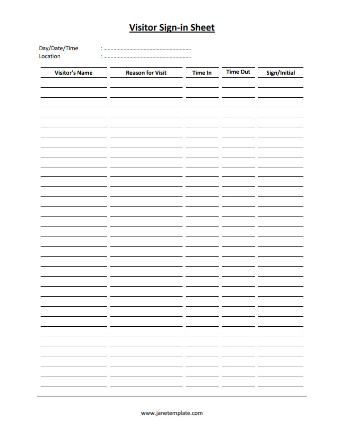 Printable Visitor Signin Sheet Template