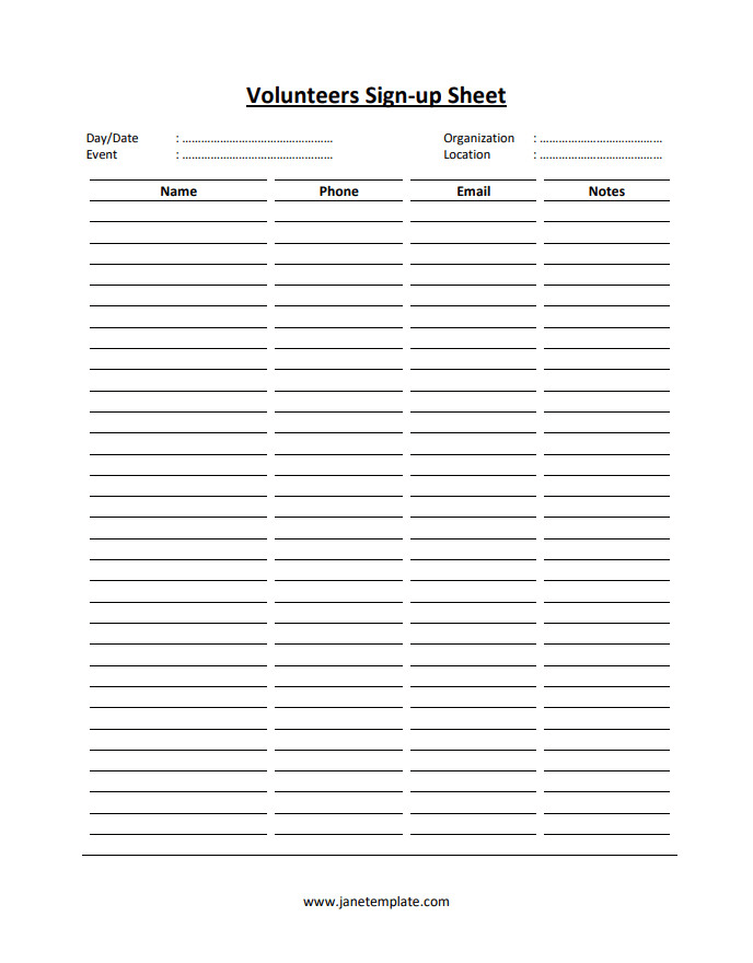 Printable Volunteer Signup Sheet Template Printable Volunteer Signup Sheet Template