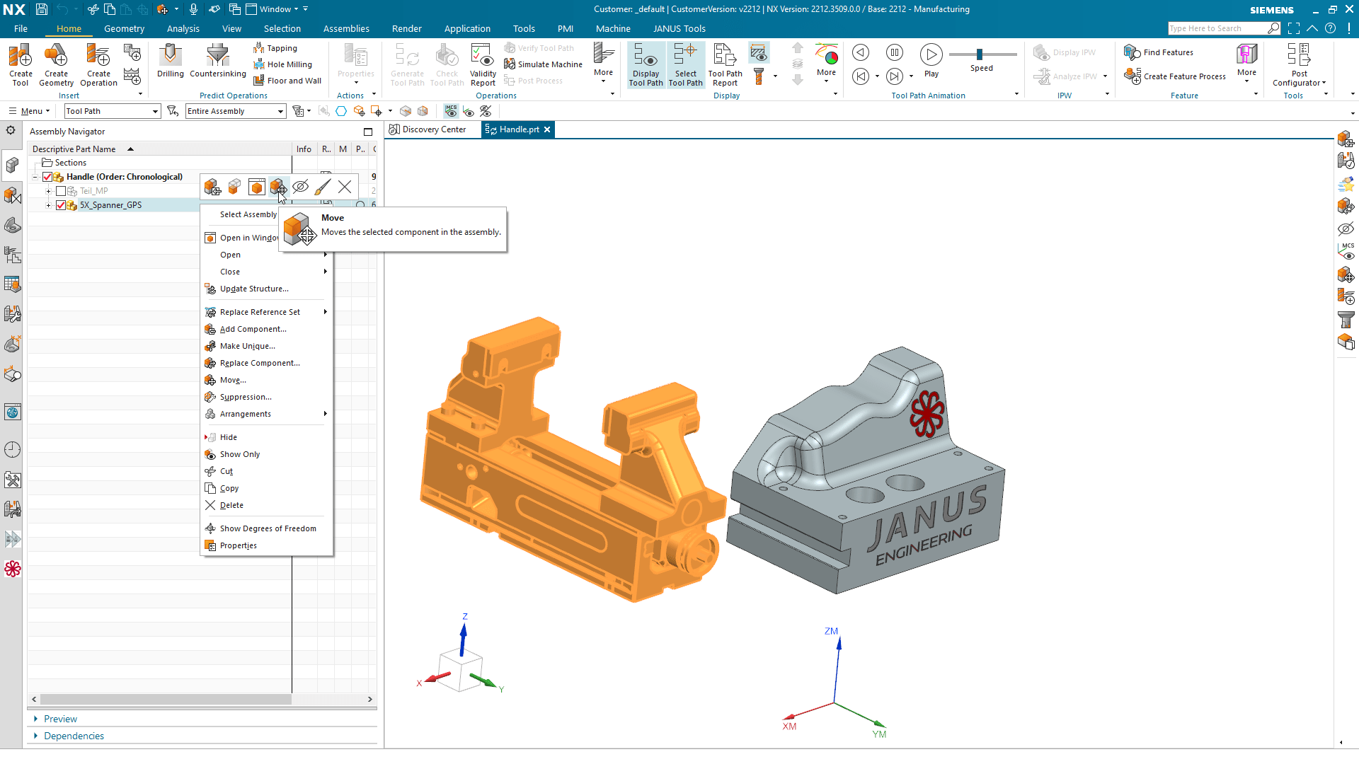 Align Assemblies correctly in NX CAM Move Handle JANUS Engineering USA