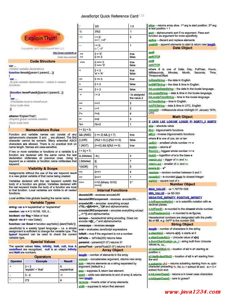 JavaScript Quick Reference Card PDF 下载_Java知识分享网免费Java资源下载
