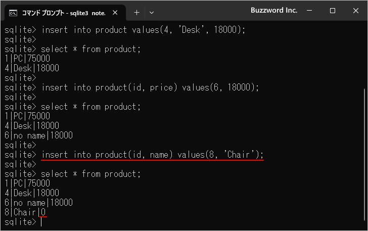SQLite DEFAULT制約の使い方