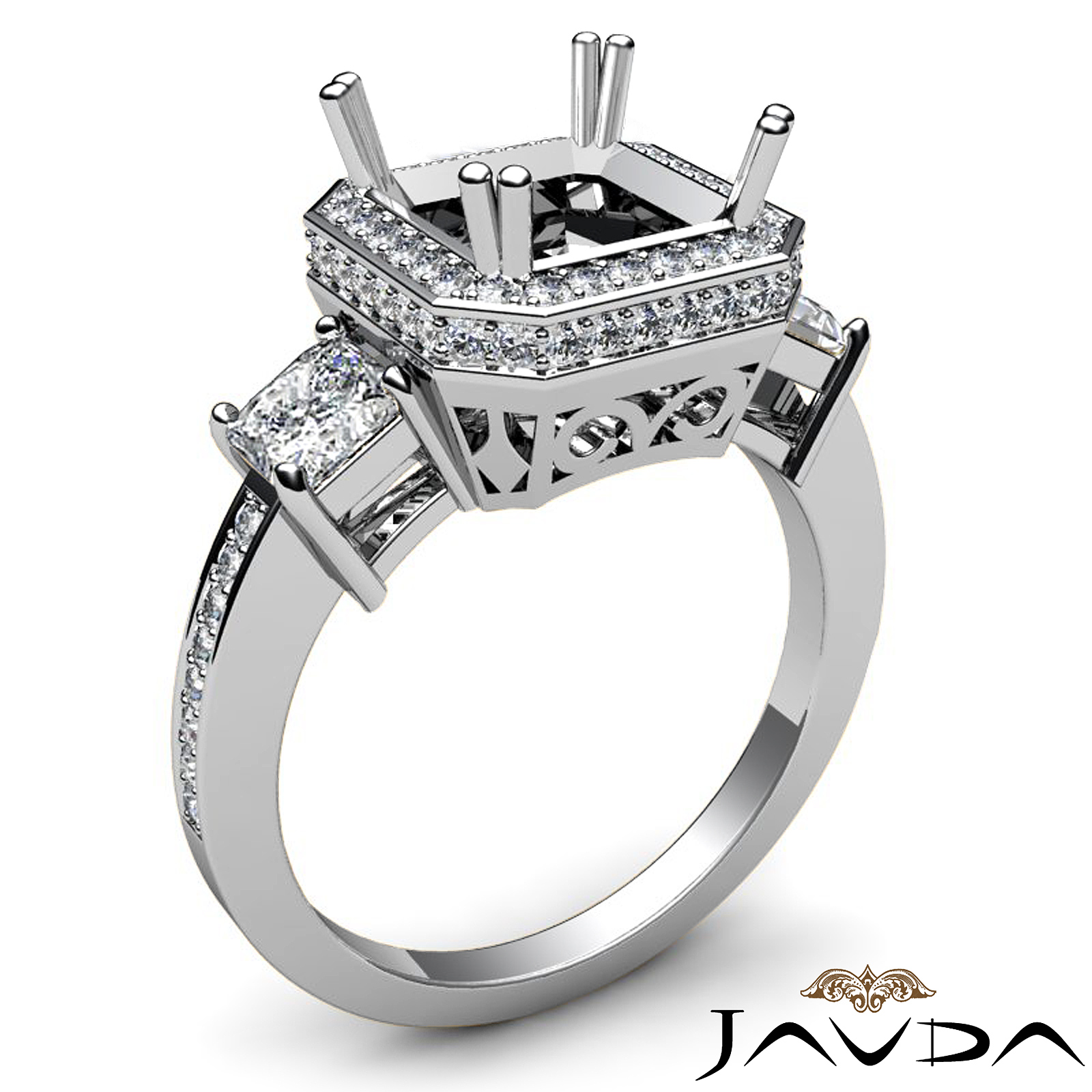 Round Princess Diamond 3 Stone Engagement Ring Setting 14K W Gold Semi