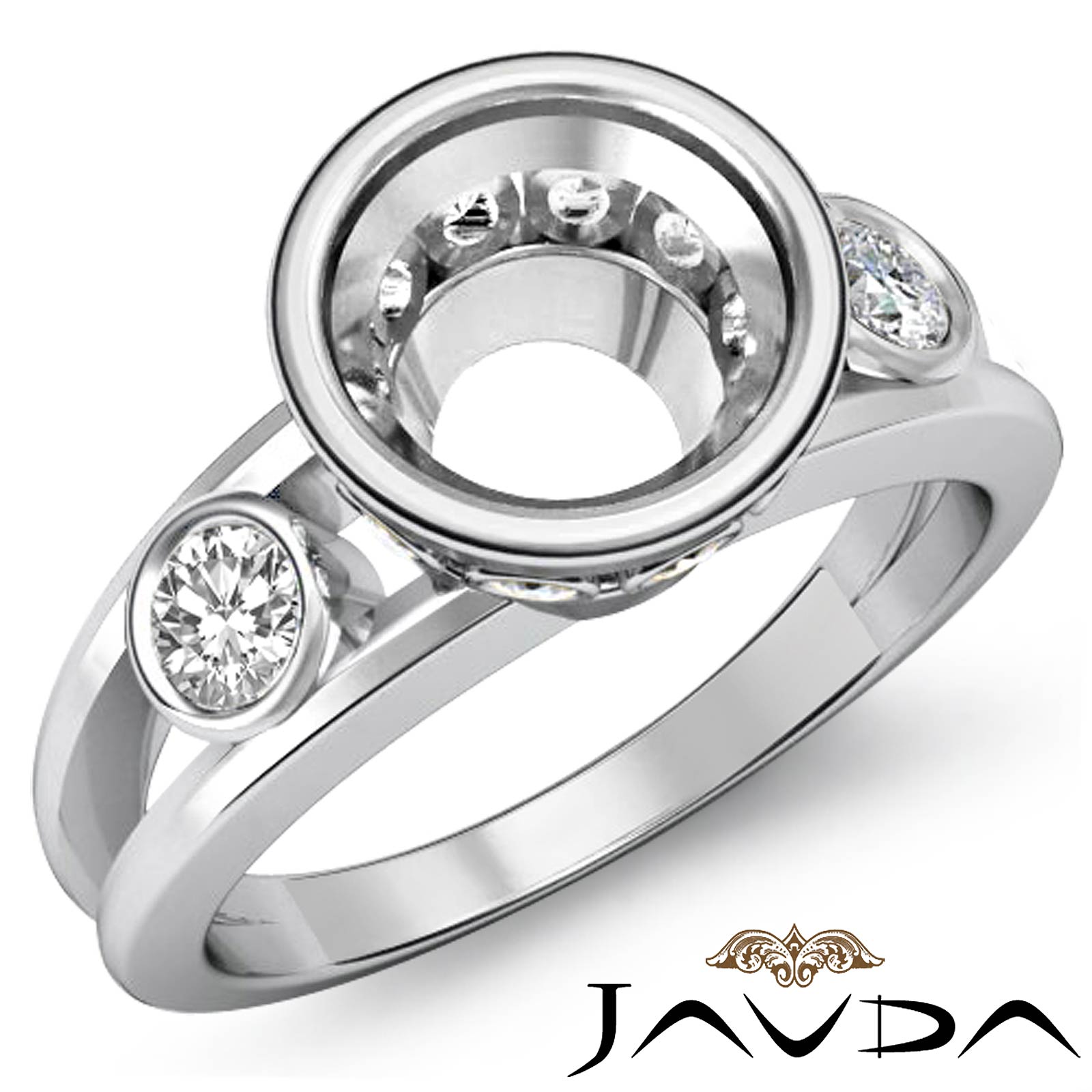 Round Bezel Diamond Engagement 3 Stone Ring Semi Mount 14K W Gold Setting 0.5Ct