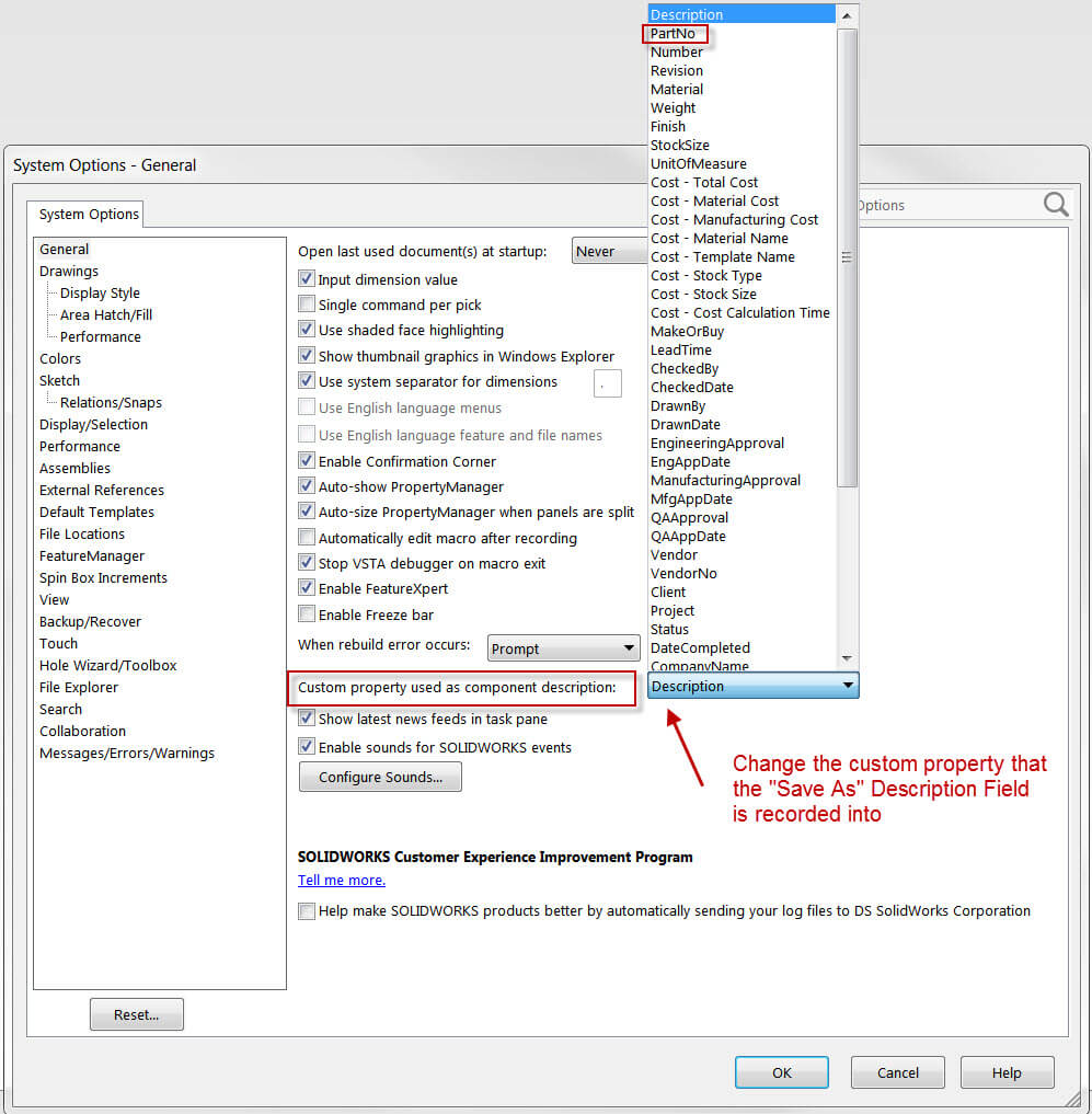 Link SOLIDWORKS Save As dialog description field