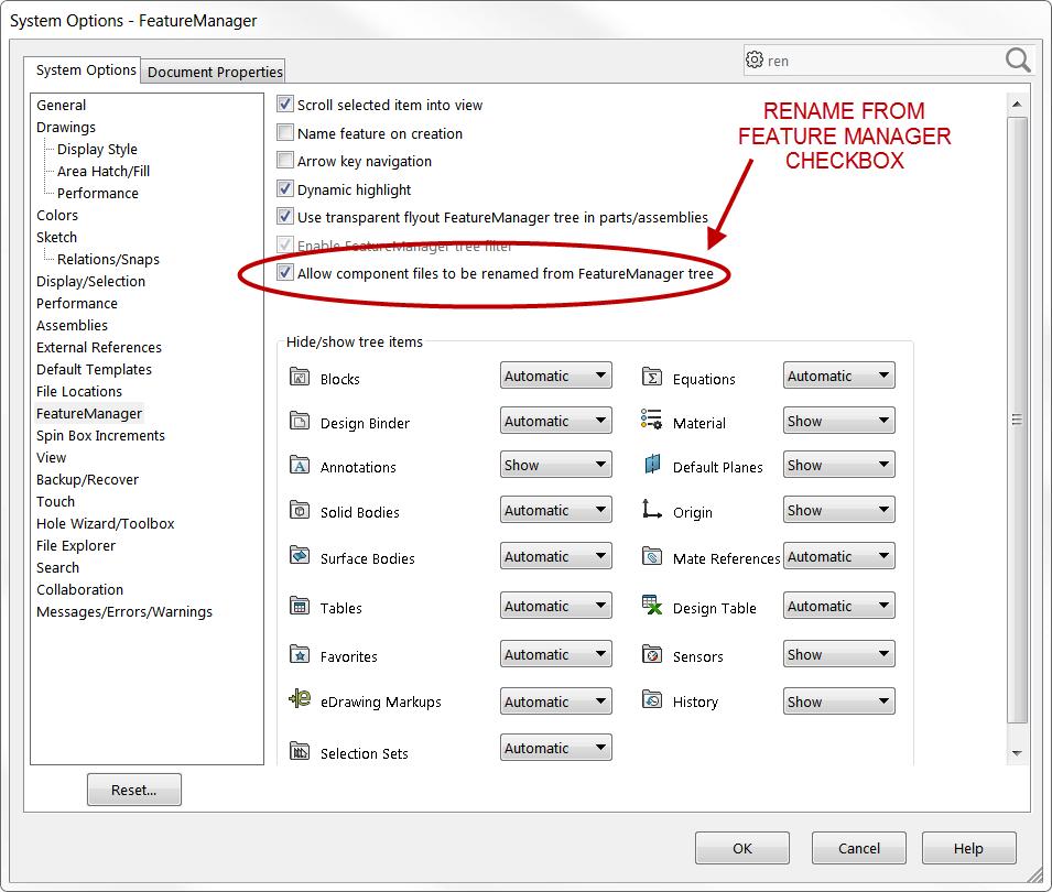 Rename SOLIDWORKS Files directly from the FeatureManager Tree
