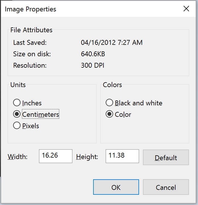 How to obtain an image dimension size in centimeters or inches