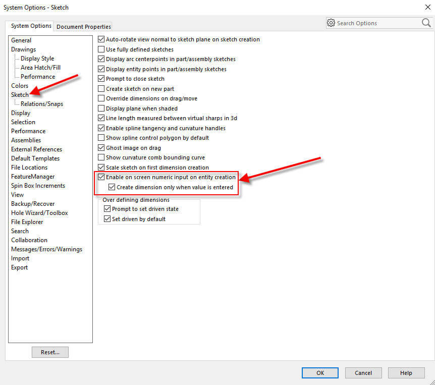 How to enable SOLIDWORKS Automatic Sketch Dimensions